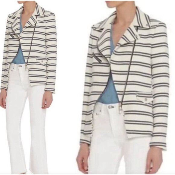 Veronica Beard Womens 4 Hadley Striped Moto Jacket Full Zip Up - Picture 1 of 16